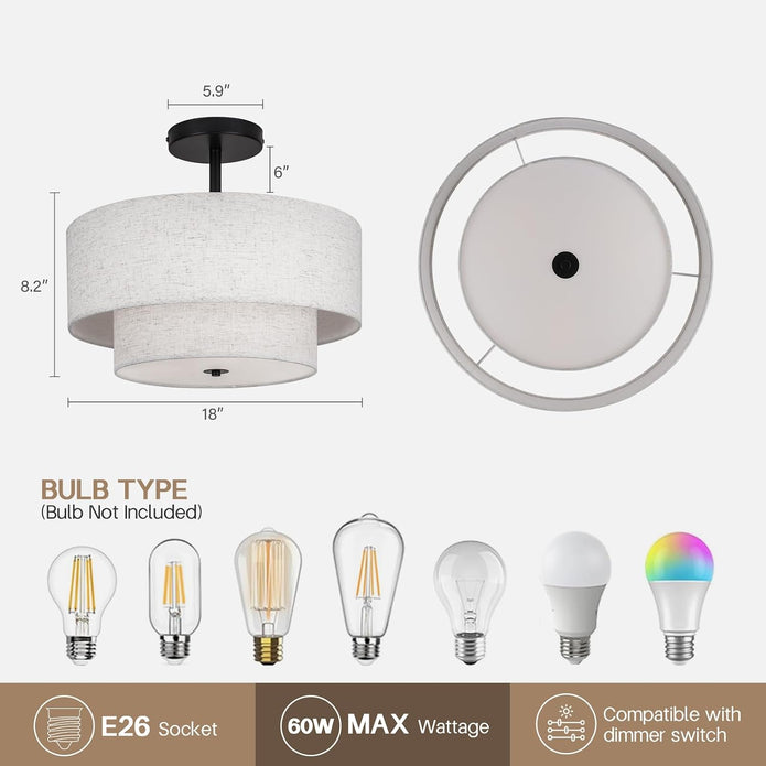 NEW/OPEN BOX HILUXIA 18 Inch Large Semi Flush Mount Ceiling Light Fixture with Dual Drum Design