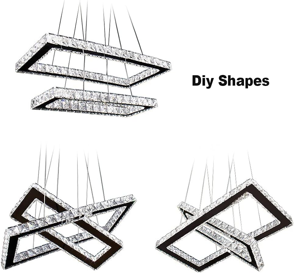 NEW Modern Crystal Chandelier Rectangular Led 2 Rings Ceiling Light Stainless Steel 16.93 inch+20.47 inch