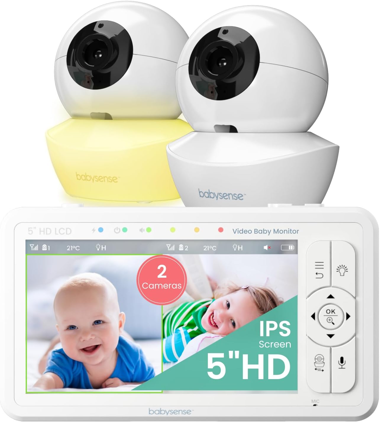 Babysense 5" HD Split-Screen Baby Monitor, Video Baby Monitor with 2 Cameras and Audio S
