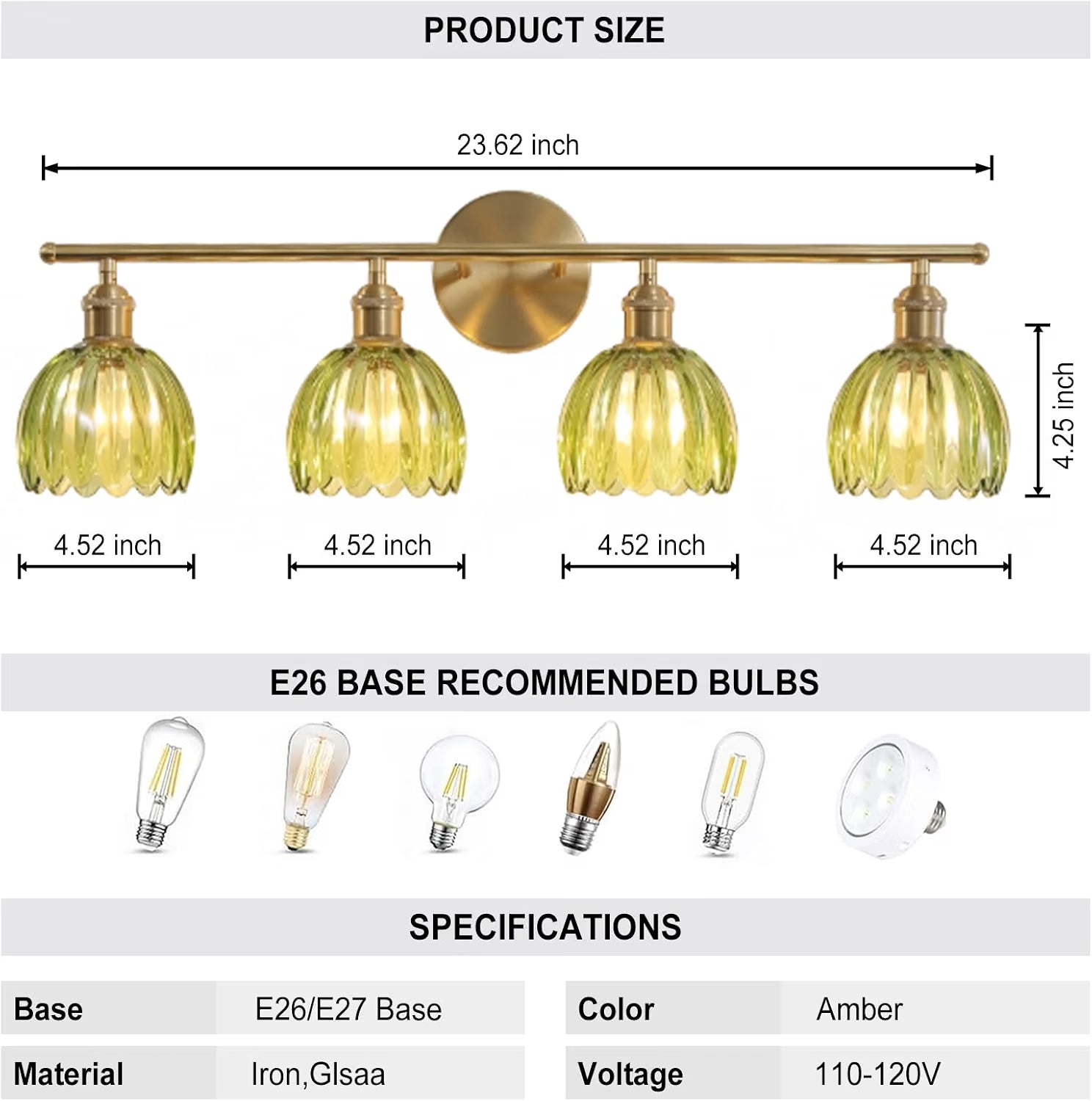NEW Rnidaipi Light Fixtures, 4-Light  Green Tulip Glass Shade Brass Vanity Wall Light
