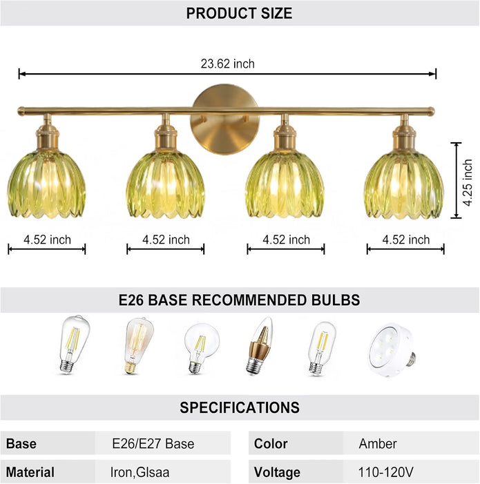NEW Rnidaipi Light Fixtures, 4-Light  Green Tulip Glass Shade Brass Vanity Wall Light