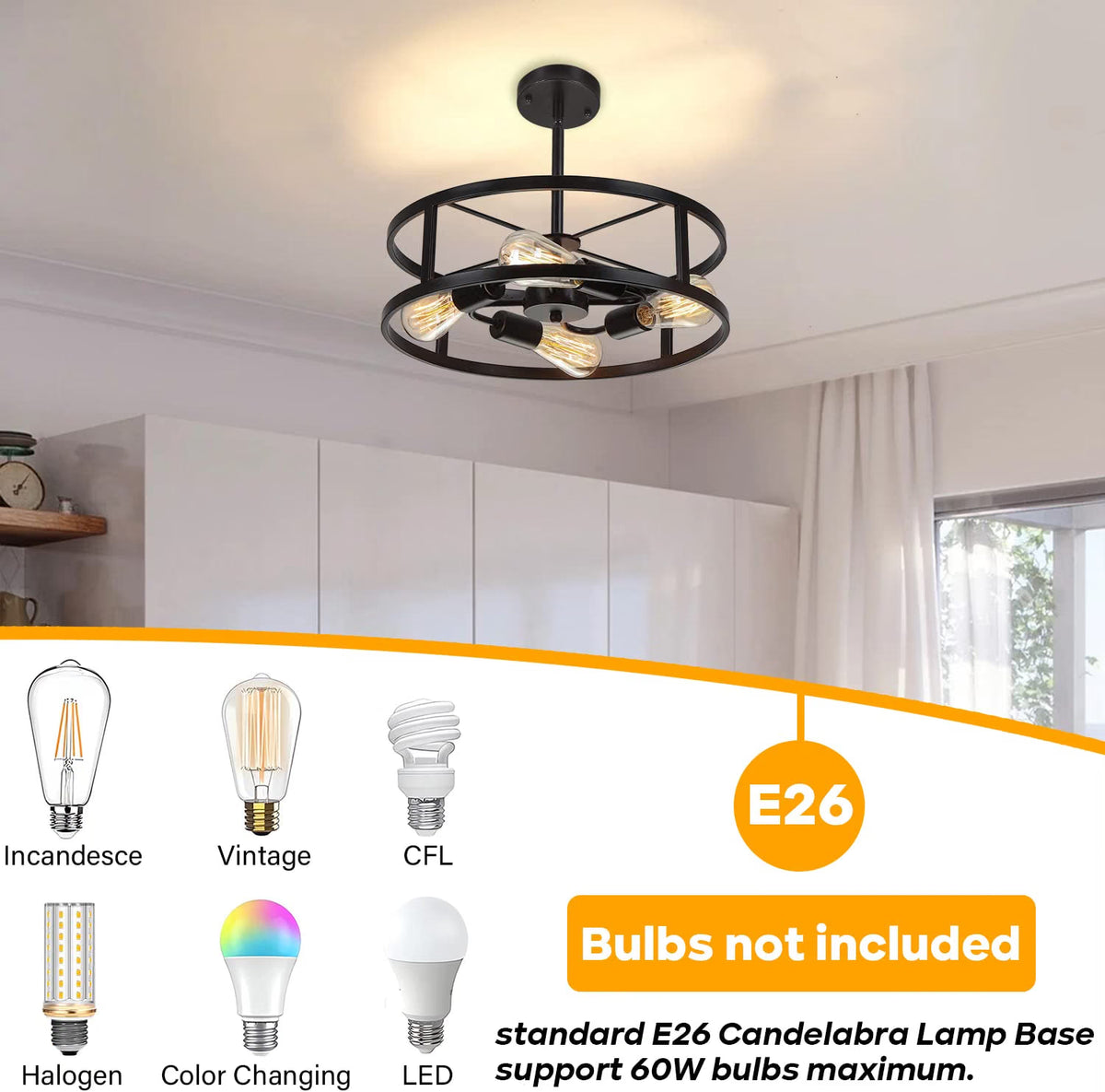 NEW Heircido 16.5 '' Black Semi Flush Mount Ceiling Light, Adjustable Height Metal Lighting