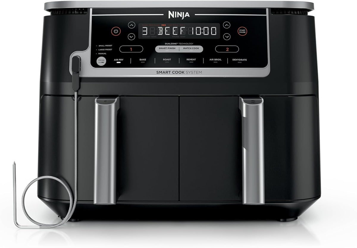 NEW Ninja Foodi Air Fryer, 10 Qt/9.5L DualZone Smart XL, 6-in-1, Black, DZ550 Air fry, roast, broil, bake, reheat, dehydrate, Smart Cook thermometer, Match Cook, Smart Finish