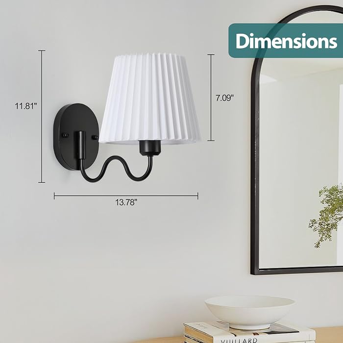 TERLEENART Black Hardwired Swing Arm Wall Sconces Sets of 2, White Pleated Fabric lampshade