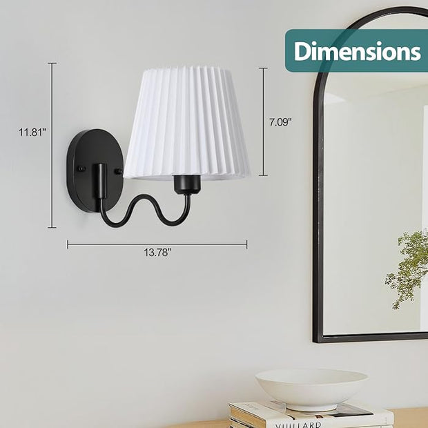 TERLEENART Black Hardwired Swing Arm Wall Sconces Sets of 2, White Pleated Fabric lampshade