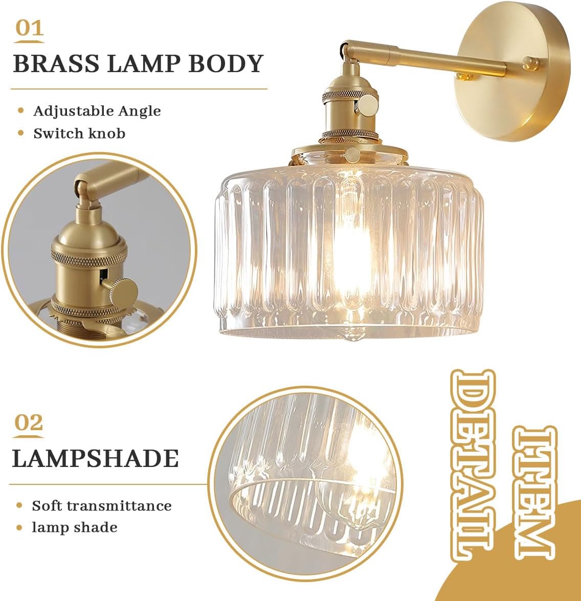 Qufute Glass wall Mount Light Clear Stripe Glass Shade Modern Sconces Swing arm Wall Lighting Brass