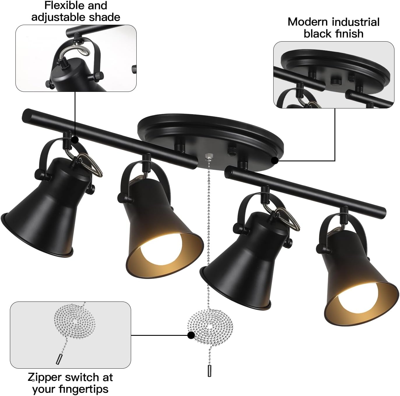 NEW SEEBLEN 4-Light Track Lighting C-04 with Pull Chain Black Kitchen Track Lighting