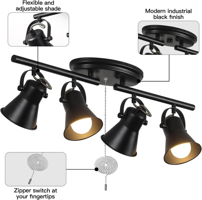 NEW SEEBLEN 4-Light Track Lighting C-04 with Pull Chain Black Kitchen Track Lighting