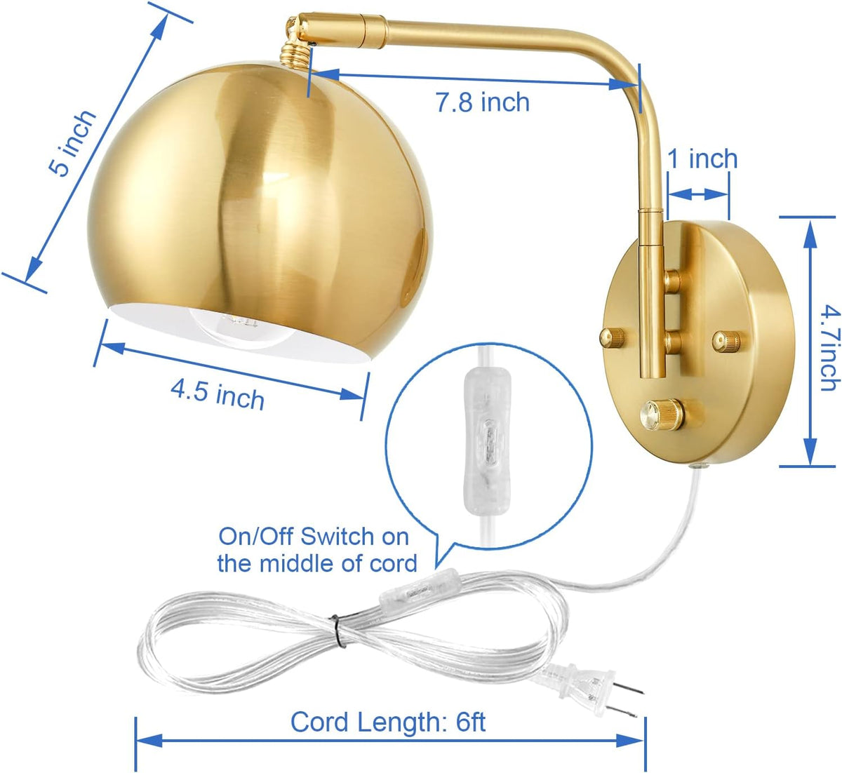VATONI Plug in Wall Sconces, Dimmable Wall Sconce Swing Arm Wall Lights