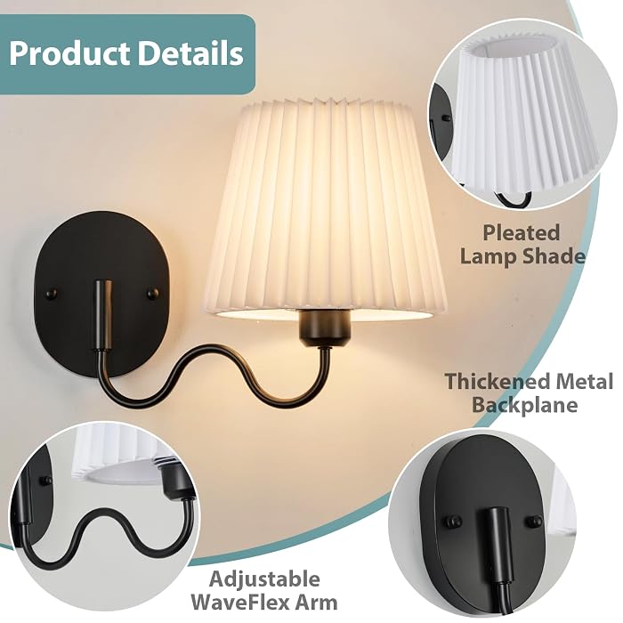 TERLEENART Black Hardwired Swing Arm Wall Sconces Sets of 2, White Pleated Fabric lampshade