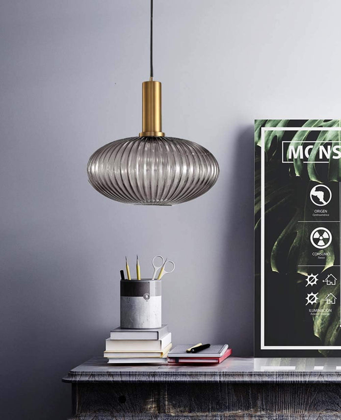I-xun Pendant Light Fixtures Modern Pendant Lighting for Kitchen Island Farmhouse Striped Glass Pendant Light Shade (11.81'', Grey)