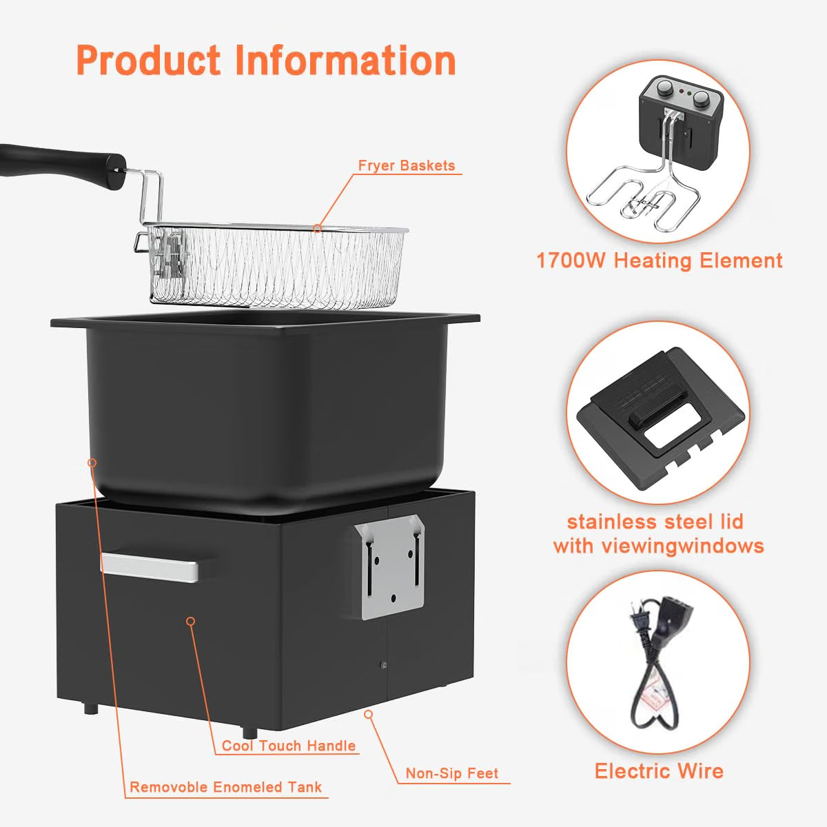 NEW/OPEN BOX Vexon 1800W 5.3Qt/ 5 Liters/21 Cups Large Electric Deep Fryer with 3 Frying Baskets- TSAF40H1-B