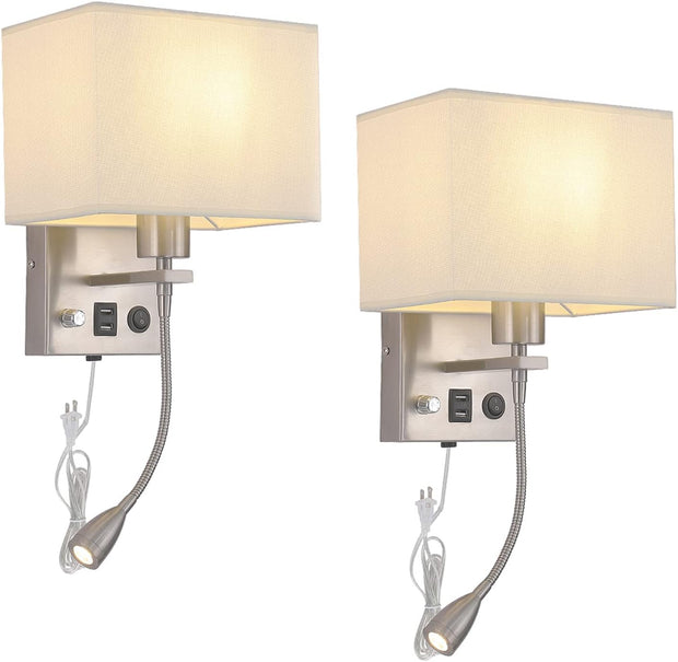 Wall Sconce Plug in Cord Set of 2, Bedside Wall Mount Lights with Dimmable Switch with Reading Lamp USB Ports Brushed Nickel