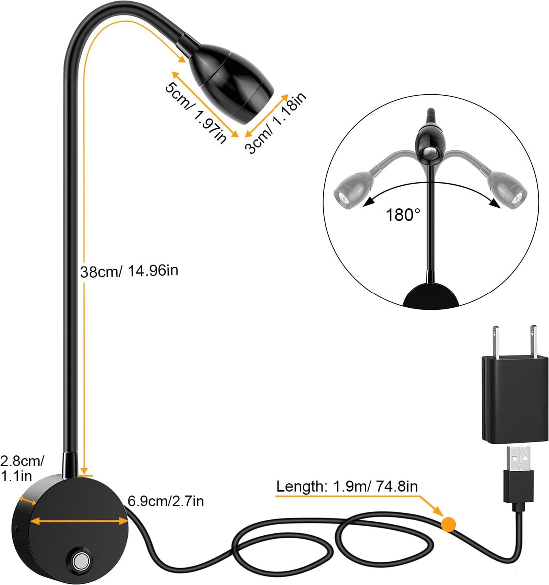 ERAY Wall Mounted LED Reading Light 2 Pack with 15" Flexible Gooseneck, Focused Adjustable Book Light for Reading