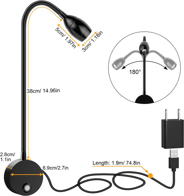 ERAY Wall Mounted LED Reading Light 2 Pack with 15" Flexible Gooseneck, Focused Adjustable Book Light for Reading