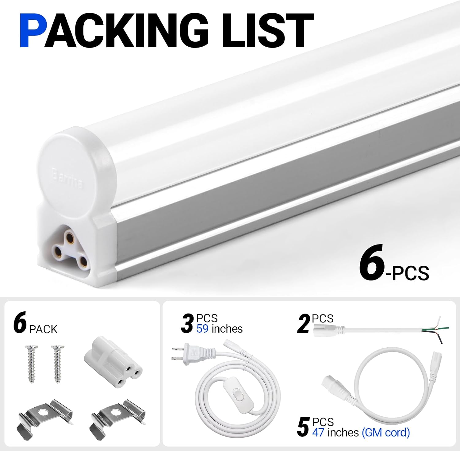 NEW Barrina (6 Packs) T5 3FT LED Shop Light, 1900lm, 5000K Daylight White, 16W,
