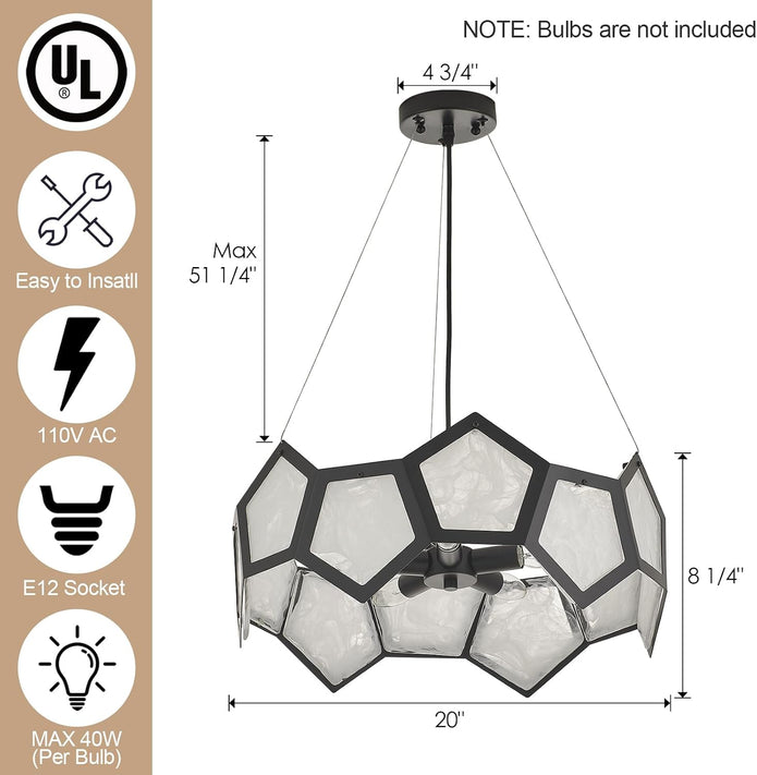 NEW VANZARLA Black Modern Chandelier for Dining Room, 5-Light Glass Chandeliers
