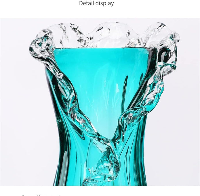 Modern Blue  Glass Vase, Wavy Lace, Home Living Room Desktop Decoration