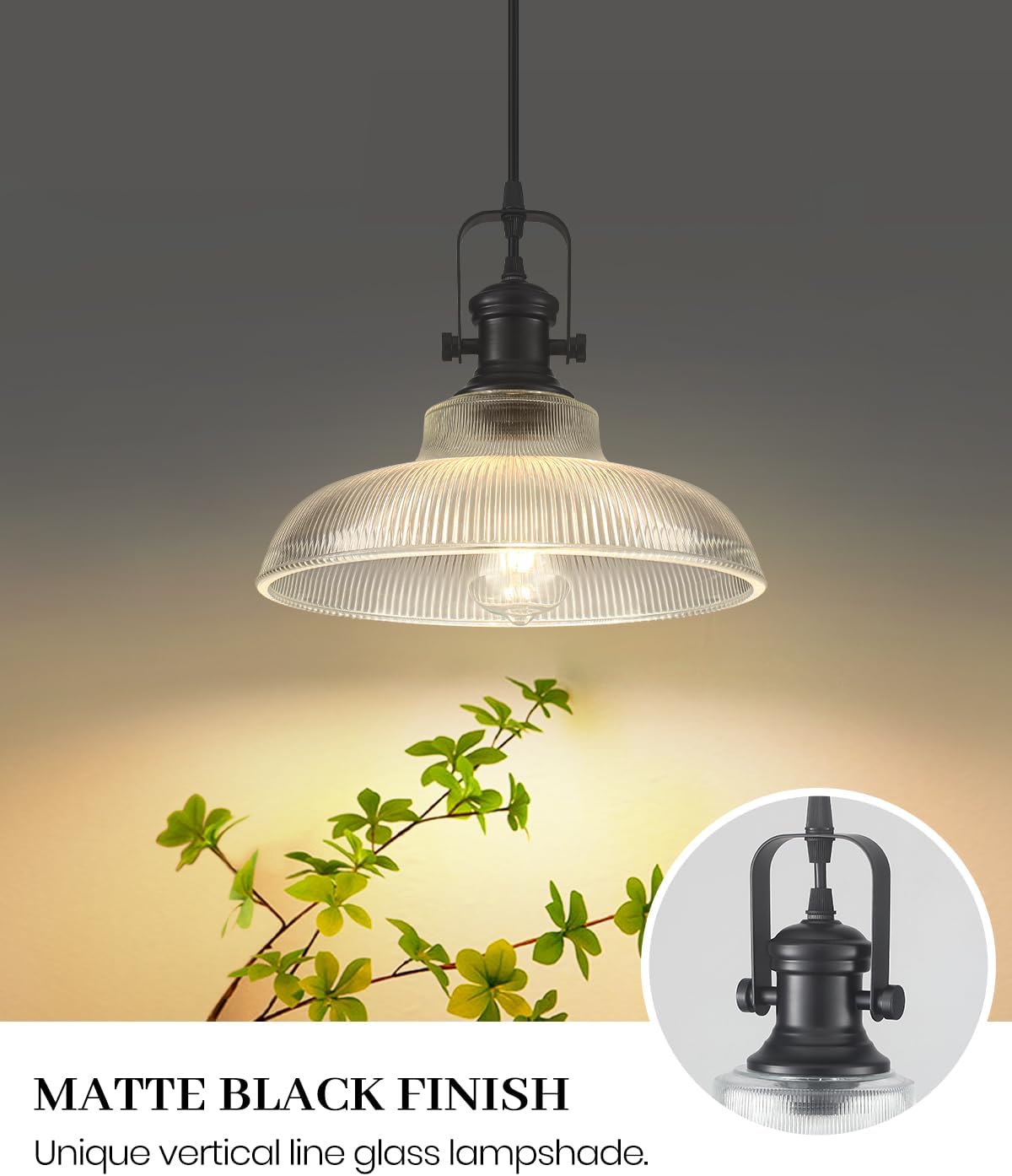 NEW/OPEN BOX  COTTMIC Black Glass Pendant  12in Lights Kitchen Island, Ribbed Glass Pendant ,3 Pack