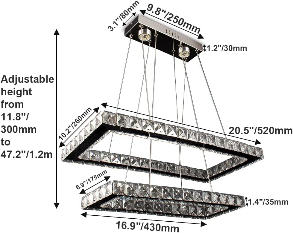 NEW Modern Crystal Chandelier Rectangular Led 2 Rings Ceiling Light Stainless Steel 16.93 inch+20.47 inch