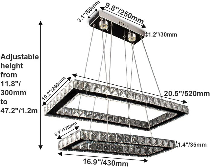 NEW Modern Crystal Chandelier Rectangular Led 2 Rings Ceiling Light Stainless Steel 16.93 inch+20.47 inch