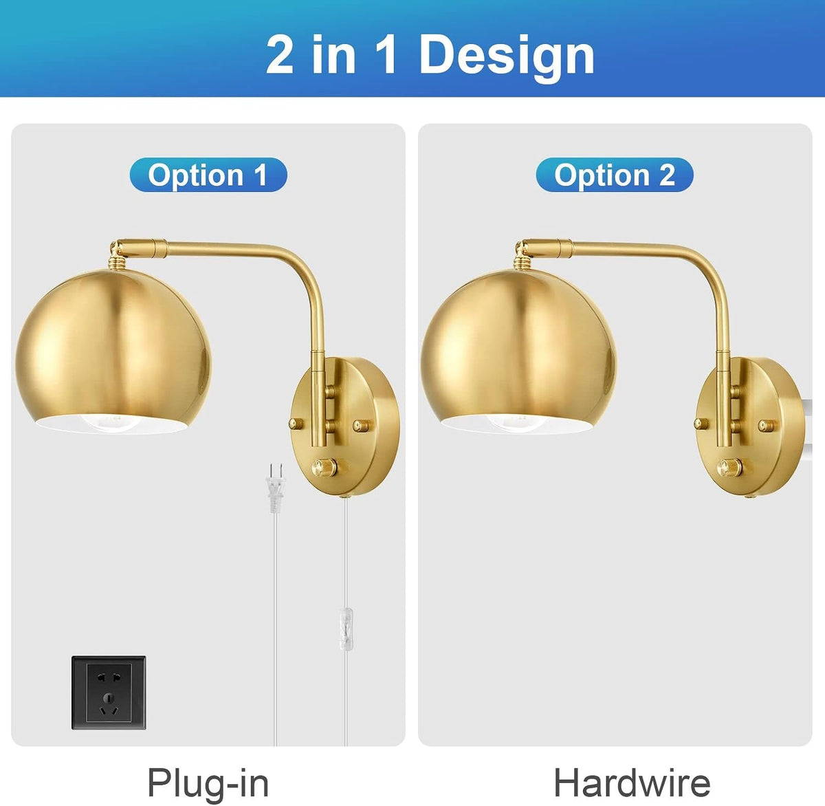 VATONI Plug in Wall Sconces, Dimmable Wall Sconce Swing Arm Wall Lights