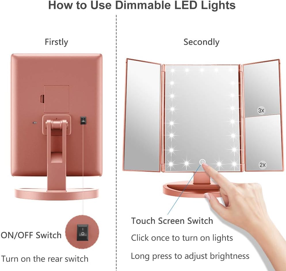 WEILY Vanity Makeup Mirror,1x/2x/3x Tri-Fold Makeup Mirror with 21 LED Lights and Adjustable Touch Screen Lighted Mirror Dressing Mirrors for Women (Rose Gold)