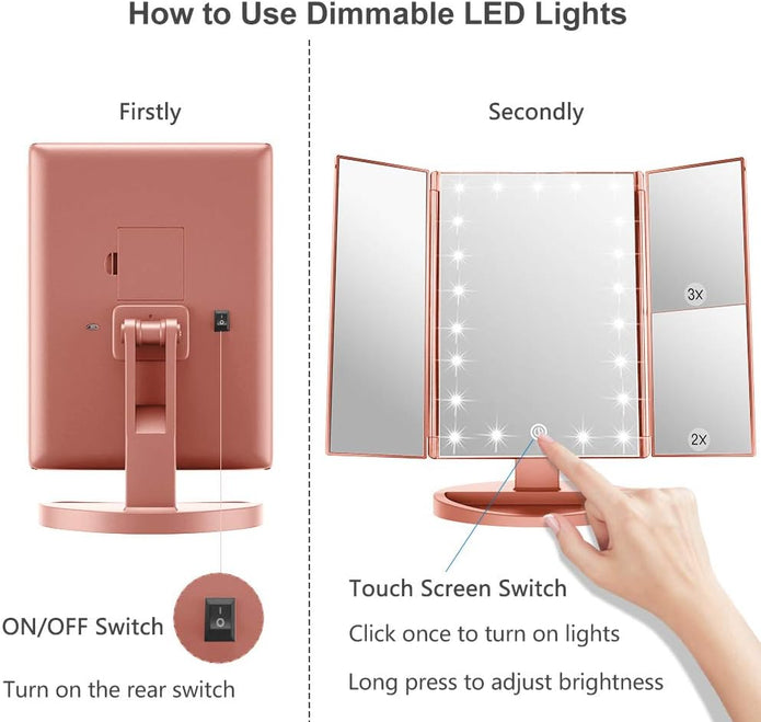 WEILY Vanity Makeup Mirror,1x/2x/3x Tri-Fold Makeup Mirror with 21 LED Lights and Adjustable Touch Screen Lighted Mirror Dressing Mirrors for Women (Rose Gold)