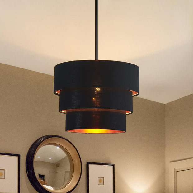 3-Tier Black Drum Chandelier, Modern Ceiling Pendant Lights Fixture Round Adjustable