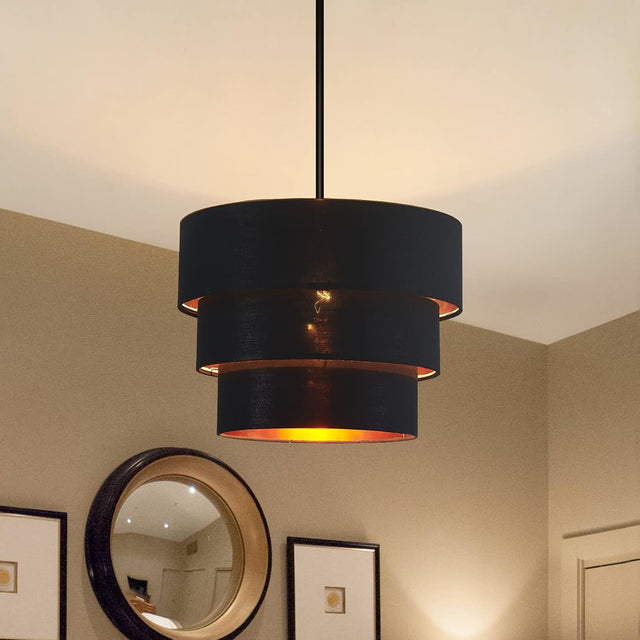 3-Tier Black Drum Chandelier, Modern Ceiling Pendant Lights Fixture Round Adjustable