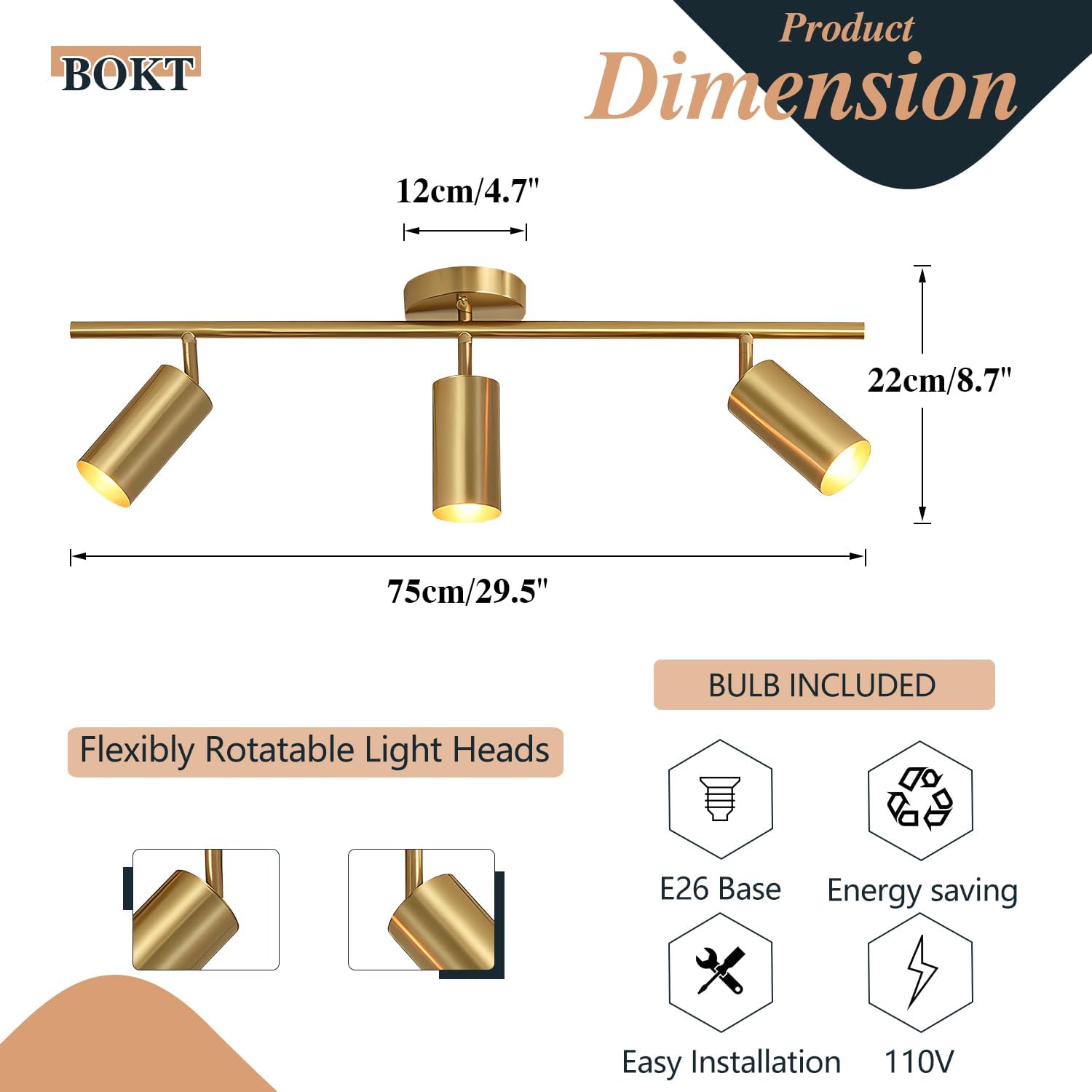 NEW/OPEN BOX BOKT Brushed Brass Gold 3-Lights LED Adjustable Track Lighting Kit