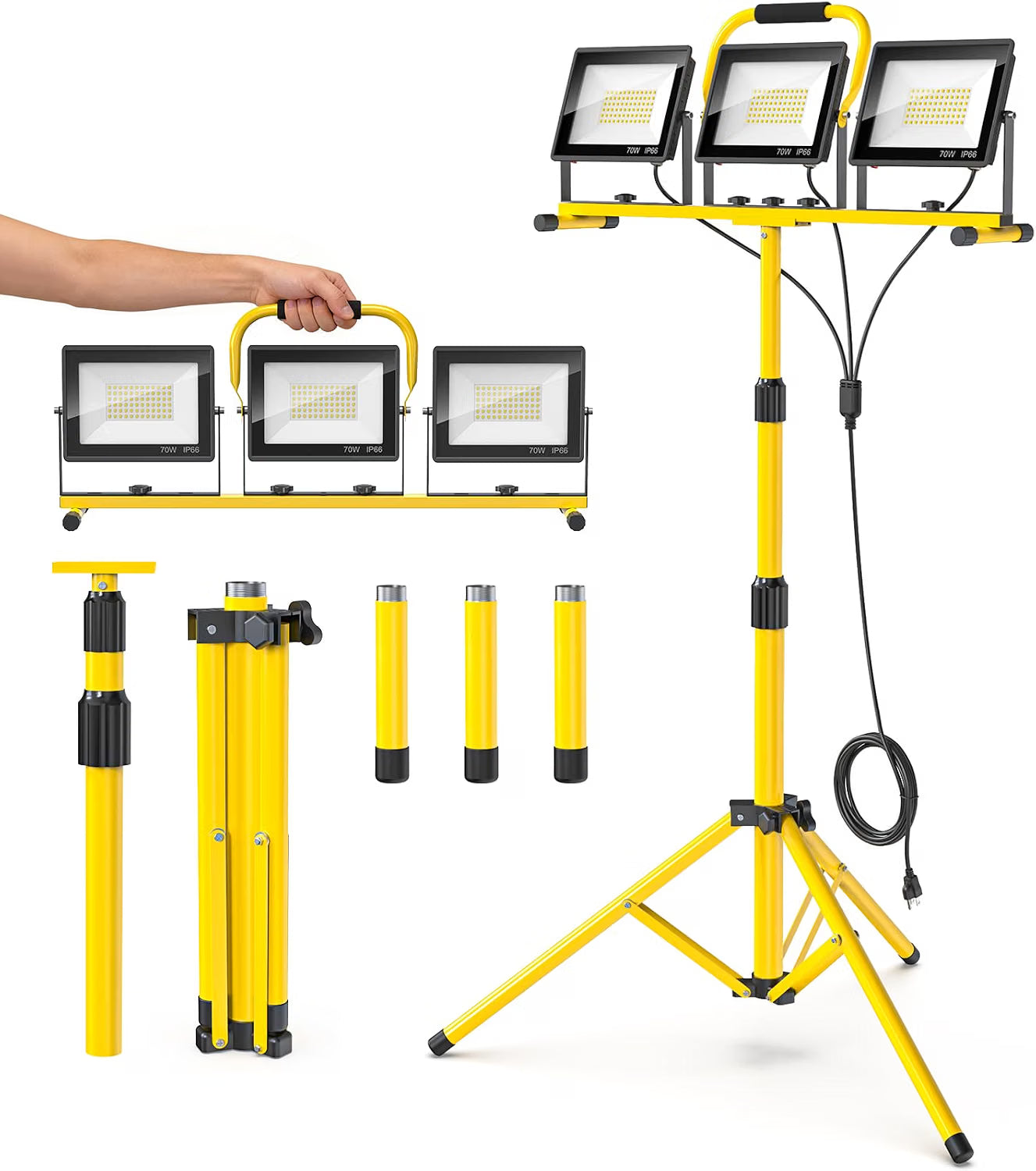 LED Work Lights with Stand: 3 Head Adjustable Work Light, IP66