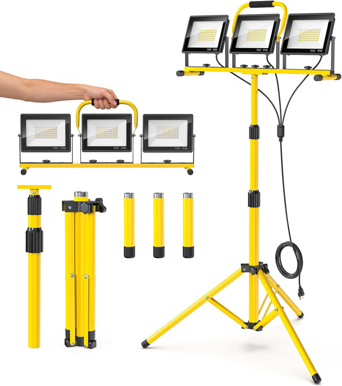 LED Work Lights with Stand: 3 Head Adjustable Work Light, IP66