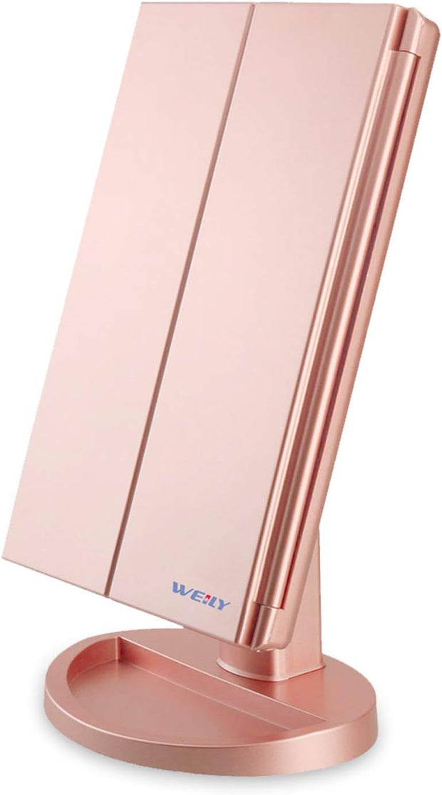 WEILY Vanity Makeup Mirror,1x/2x/3x Tri-Fold Makeup Mirror with 21 LED Lights and Adjustable Touch Screen Lighted Mirror Dressing Mirrors for Women (Rose Gold)