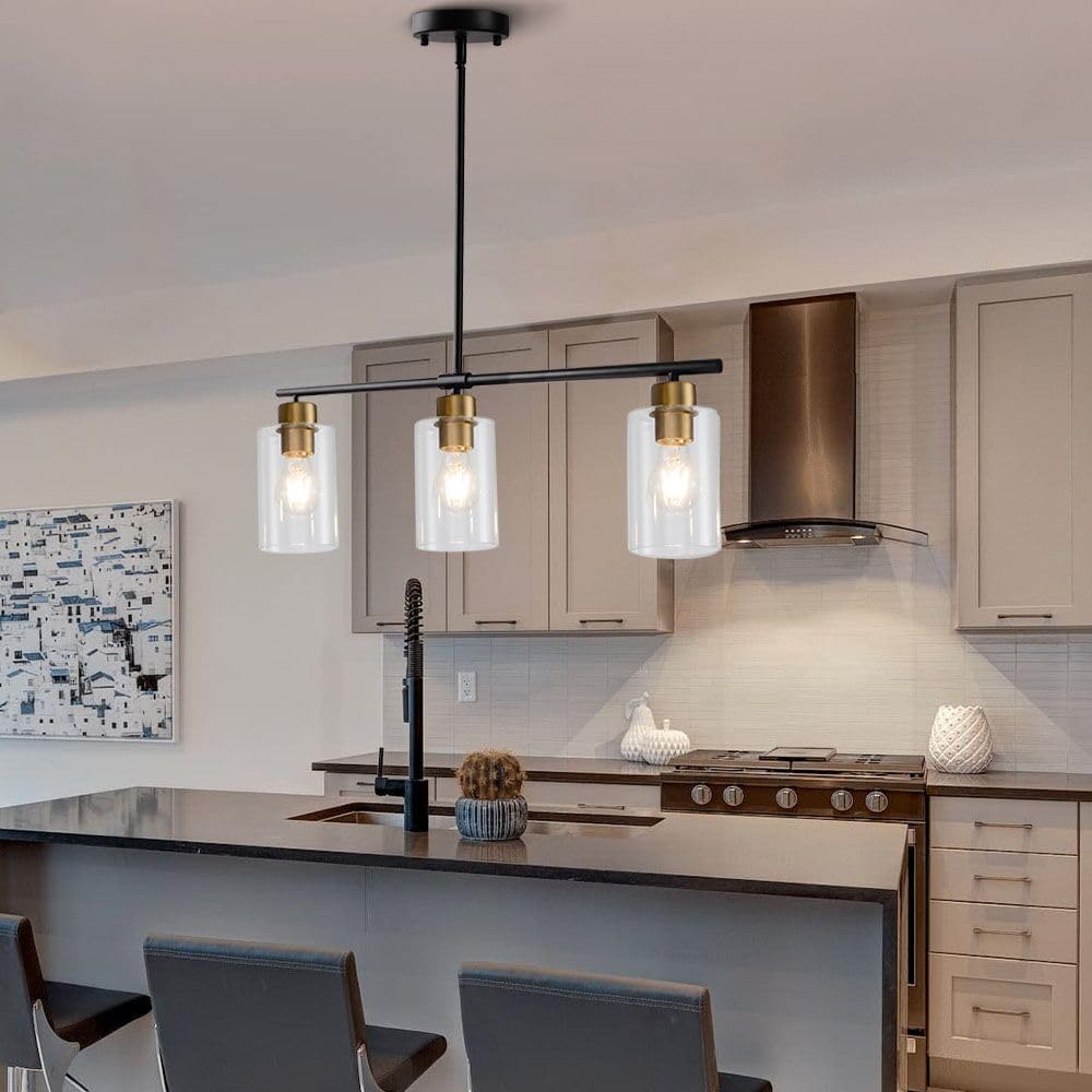 NEW/OPEN BOX Yarlkav 3-Lights Kitchen Island Lighting (Black & Gold)-D0068-3