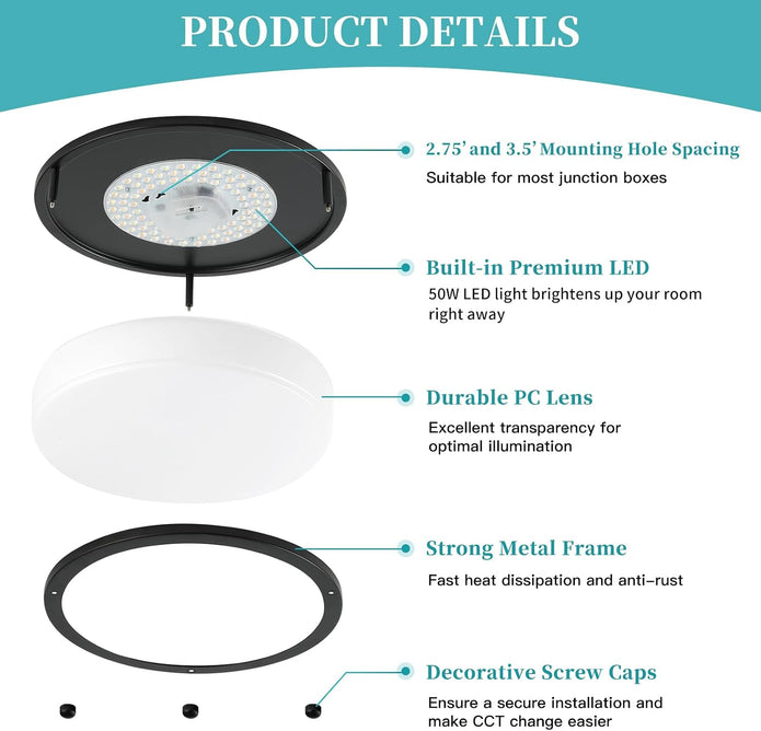 NEW/OPEN BOX 16Inch LED Ceiling Light Fixtures, Flush Mount Light Fixtures 50W,Black 2 Packs