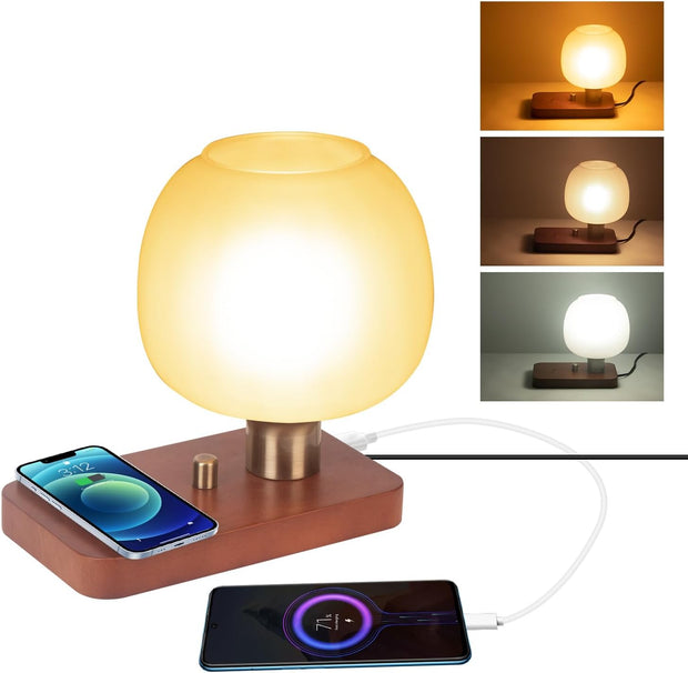 Bedside Lamp with Charging Station, Small Night Light with USB Port, Brown Wooden Pallet Glass