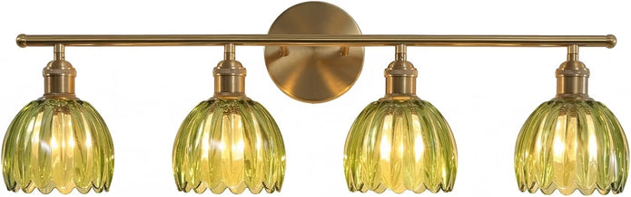 NEW Rnidaipi Light Fixtures, 4-Light  Green Tulip Glass Shade Brass Vanity Wall Light