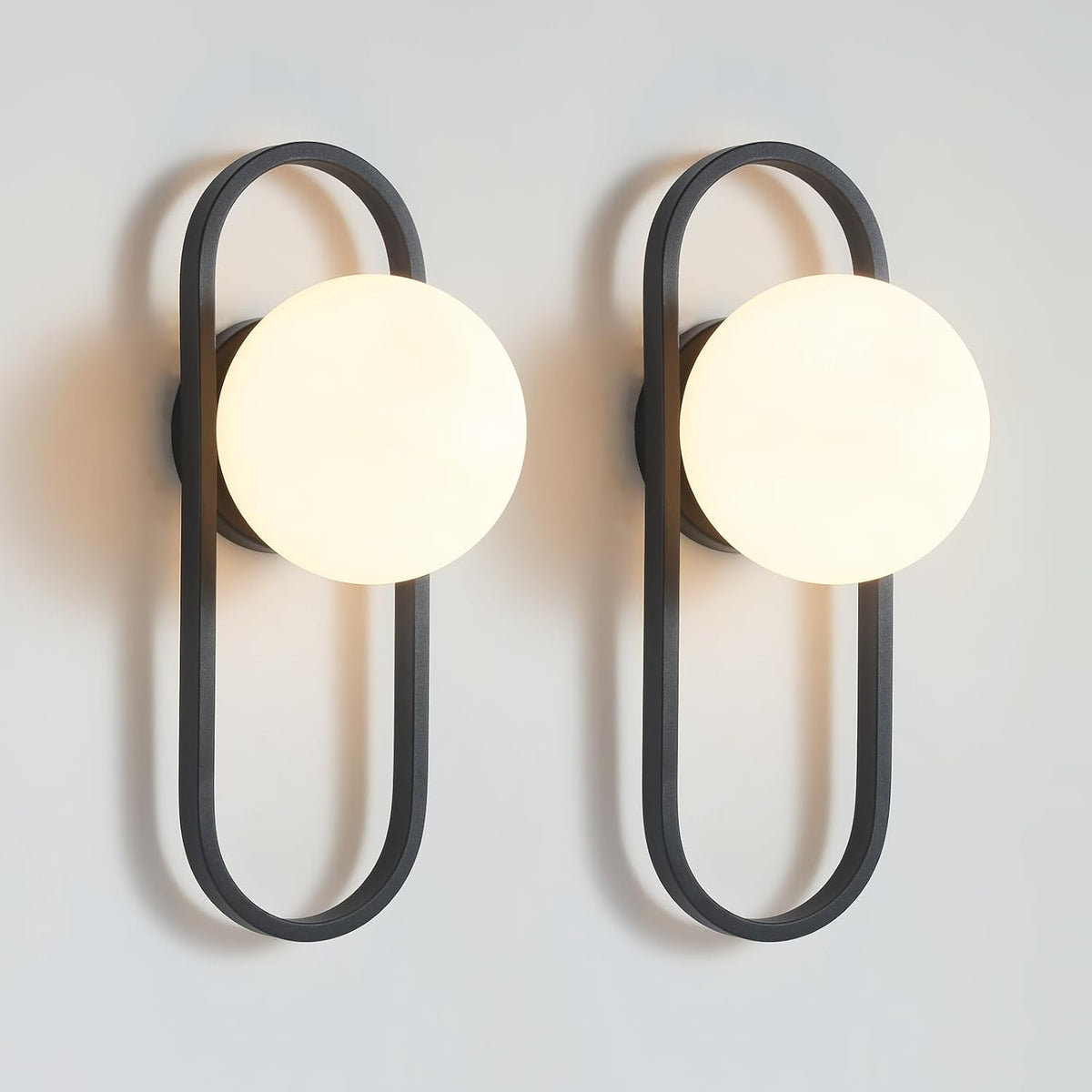 OPEN BOX Wall Sconces Set of Two Matte Black Wall Lamp Sconces with White Globe Glass Shade