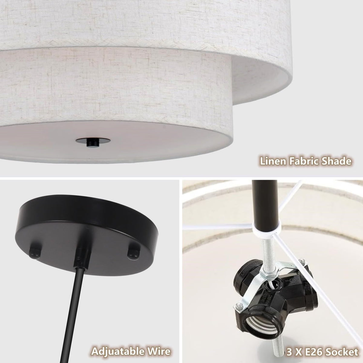 SEIHONG Modern Pendant Light, Farmhouse Vintage Chandelier Hanging Lamp Large Double Drum Fabric Pendant