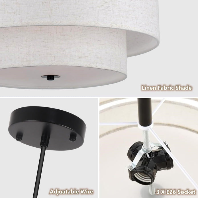 SEIHONG Modern Pendant Light, Farmhouse Vintage Chandelier Hanging Lamp Large Double Drum Fabric Pendant