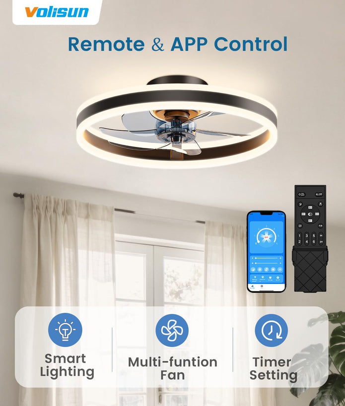 NEW/OPEN BOX VOLISUN Low Profile Ceiling Fans 20in with Lights and Remote, 8223-3K