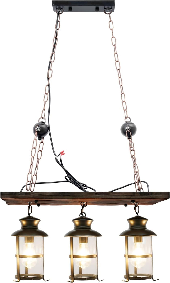 NEW Farmhouse Chandelier - Rustic Wood Beam Pendant Light with Vintage Lantern Design, 3-Light