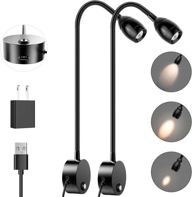 ERAY Wall Mounted LED Reading Light 2 Pack with 15" Flexible Gooseneck, Focused Adjustable Book Light for Reading
