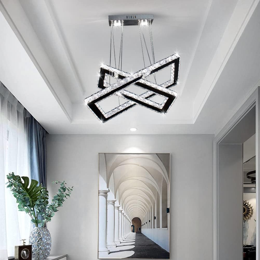 NEW Modern Crystal Chandelier Rectangular Led 2 Rings Ceiling Light Stainless Steel 16.93 inch+20.47 inch