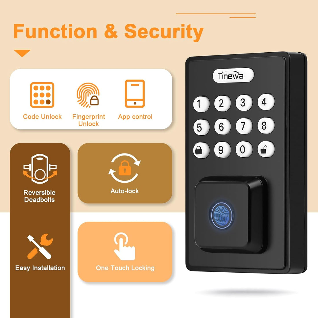 Tinewa (DLE602) Fingerprint Front Entry Door Lock, Exterior Smart Door Lock for Home