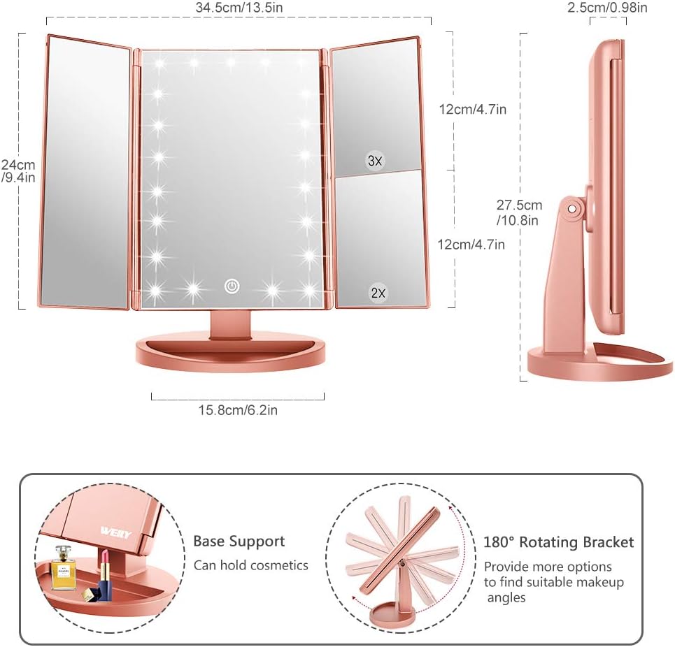 WEILY Vanity Makeup Mirror,1x/2x/3x Tri-Fold Makeup Mirror with 21 LED Lights and Adjustable Touch Screen Lighted Mirror Dressing Mirrors for Women (Rose Gold)