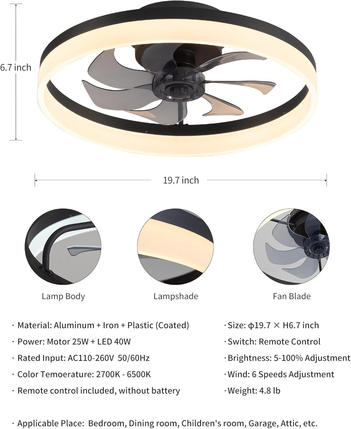 DEMO  PUSU Ceiling Fan with Lights and Remote, 19.7'' Low Profile Ceiling Fans, 6-Speed Reversible Bladeless Fan, 2700K–6500K Dimmable Fan ,BLACK