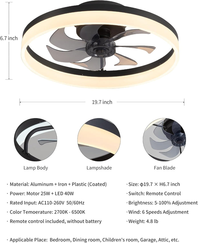 DEMO  PUSU Ceiling Fan with Lights and Remote, 19.7'' Low Profile Ceiling Fans, 6-Speed Reversible Bladeless Fan, 2700K–6500K Dimmable Fan ,BLACK