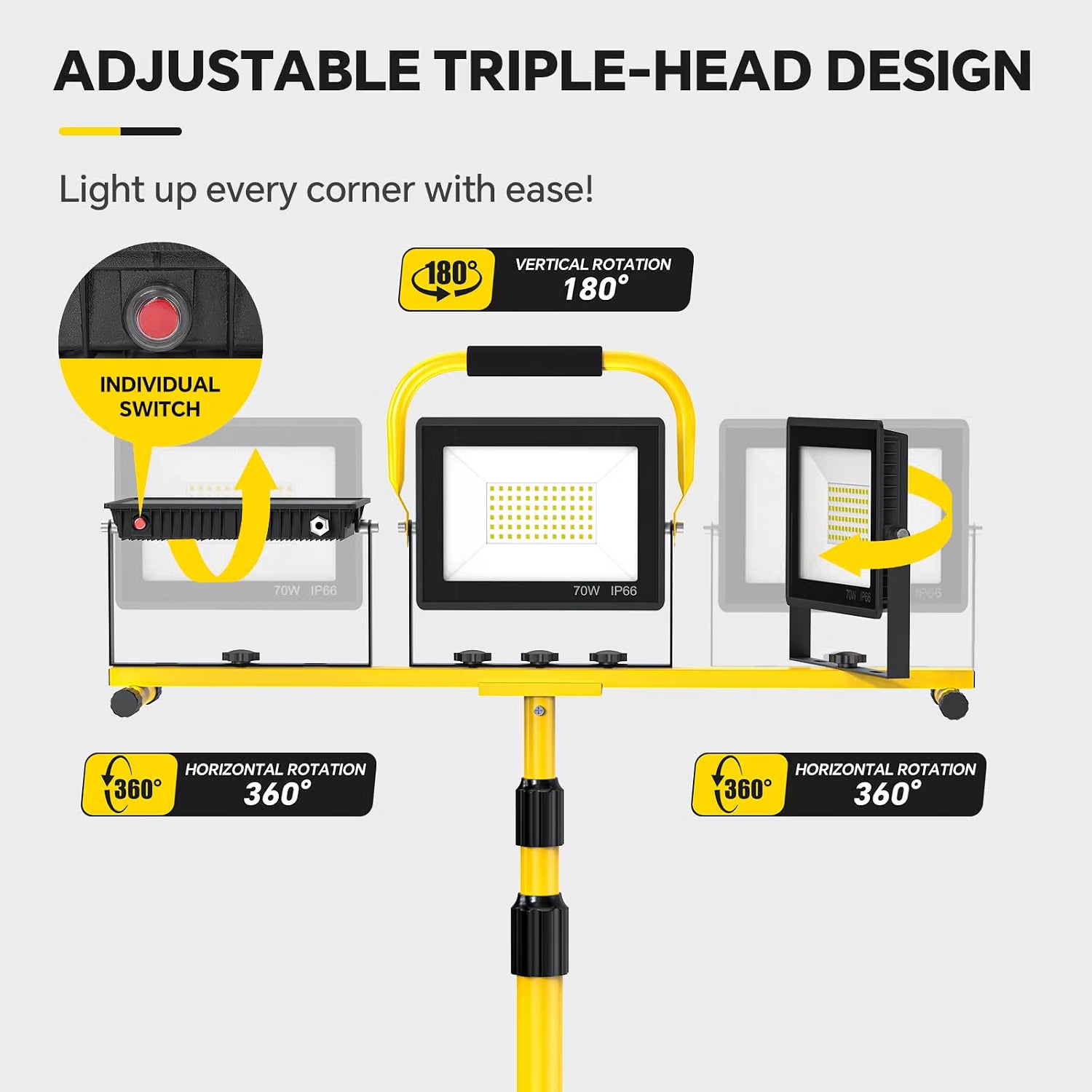 LED Work Lights with Stand: 3 Head Adjustable Work Light, IP66